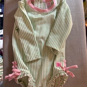 RuffleButts Green Stripe Ruffle One-Piece Swimsuit – 12–18 Months